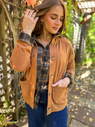 Camel fleece jacket with brass buttons and patch pockets | V-Rae's Boutique