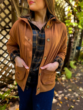Camel button-front fleece jacket worn open with jeans | V-Rae's Boutique