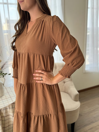 Woman wearing a brown dress in a home setting