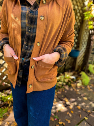 Close-up of the patch pockets on a camel fleece jacket | V-Rae's Boutique