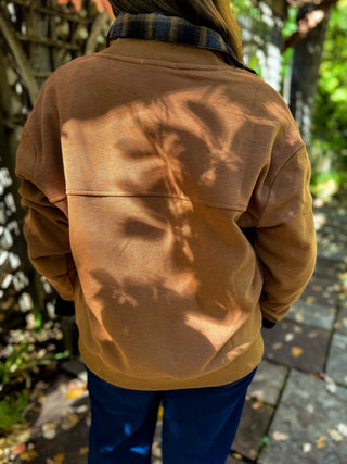 Back view of a camel button-front fleece jacket | V-Rae's Boutique