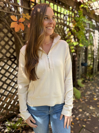 Cream half zip pointelle sweater with light jeans | V-Rae's Boutique