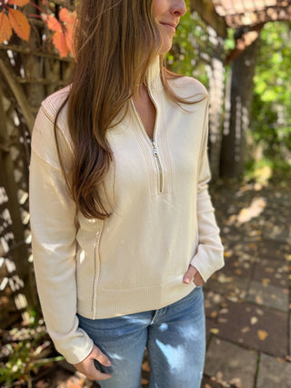 Side view of a cream half zip pointelle sweater | V-Rae's Boutique