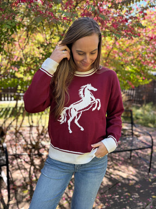 Burgundy equestrian graphic knit sweater with cream tipping | V-Rae's Boutique