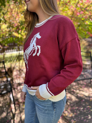 Side view of a burgundy equestrian graphic knit sweater | V-Rae's Boutique