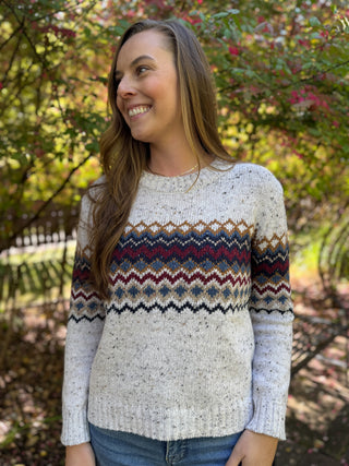 Oatmeal speckled sweater with burgundy, navy and gold chevron band | V-Rae's Boutique