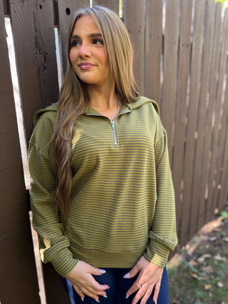Olive micro-striped quarter-zip pullover with collar | V-Rae's Boutique