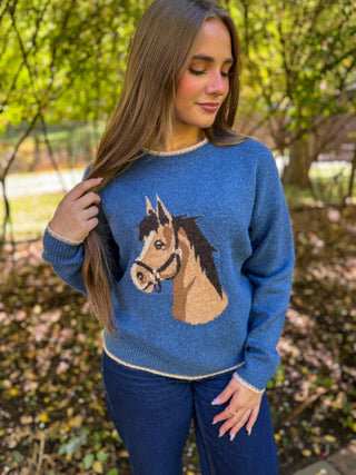 Blue knit sweater with tan horse head design and cream trim | V-Rae's Boutique
