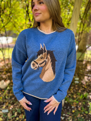 Close-up of the horse graphic on a blue knit sweater | V-Rae's Boutique