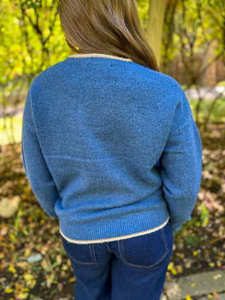 Back view of a blue horse graphic knit sweater | V-Rae's Boutique