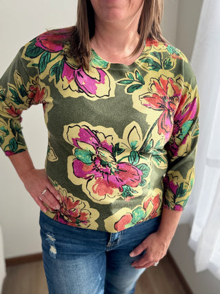 Person wearing a colorful floral-patterned shirt with a plain background