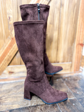 Brown faux suede knee high boots with block heel and side zip | V-Rae's Boutique