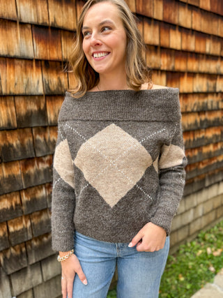 Argyle Off-Shoulder Sweater