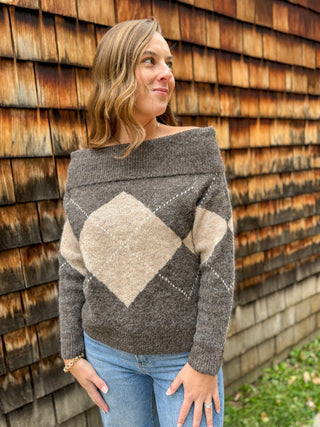 Argyle Off-Shoulder Sweater