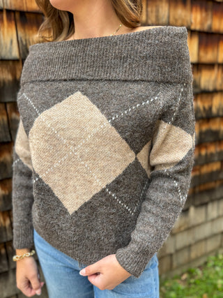 Argyle Off-Shoulder Sweater