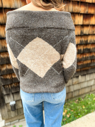 Argyle Off-Shoulder Sweater