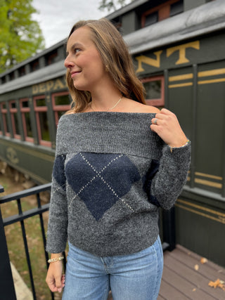 Argyle Off-Shoulder Sweater