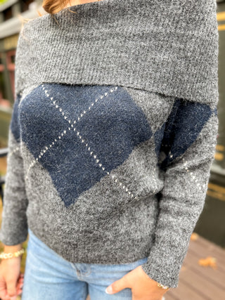 Argyle Off-Shoulder Sweater