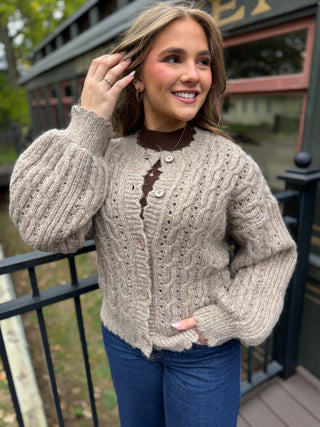 Taupe pointelle cable knit cardigan with jeans | V-Rae's Boutique