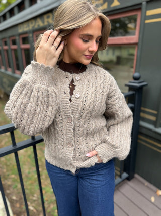 Taupe cable knit button cardigan, front view | V-Rae's Boutique