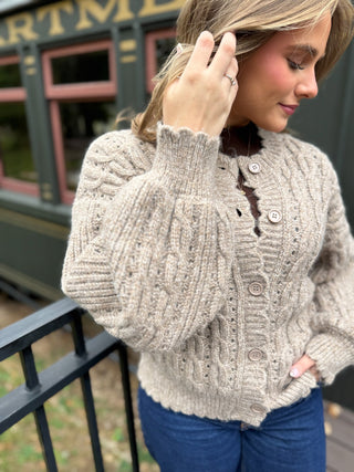 Taupe cable knit cardigan, angled view | V-Rae's Boutique