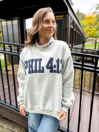 Heather gray Phil 4:13 graphic sweatshirt with jeans | V-Rae's Boutique