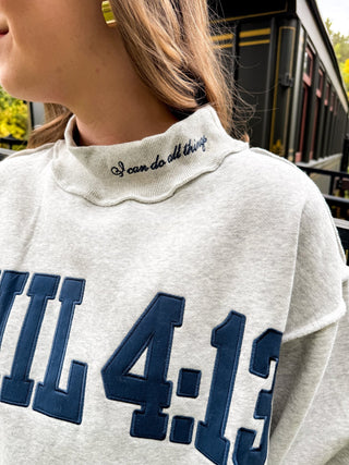 Close-up of the Phil 4:13 graphic and embroidered neckline | V-Rae's Boutique