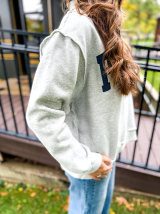 Side view of a heather gray Phil 4:13 sweatshirt | V-Rae's Boutique