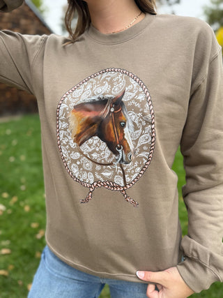 Close-up of the horse graphic on a taupe sweatshirt | V-Rae's Boutique