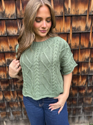Sage cable knit short sleeve sweater with jeans | V-Rae's Boutique