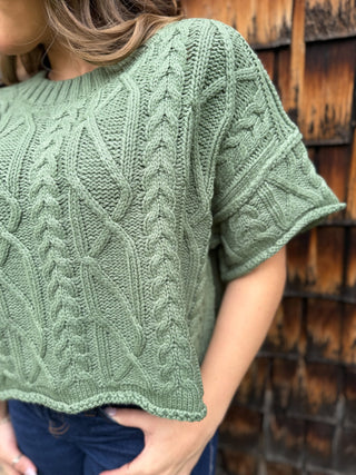 Close-up of a sage cable knit sweater tee | V-Rae's Boutique