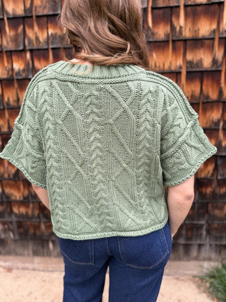 Back view of a sage cable knit sweater tee | V-Rae's Boutique