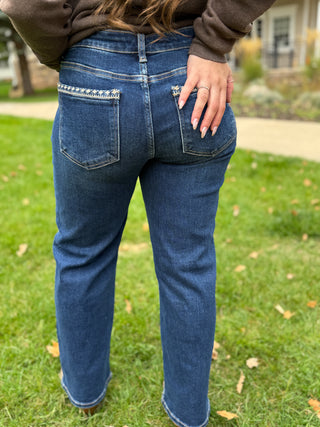 Risen Embroidered Trim Straight Jeans