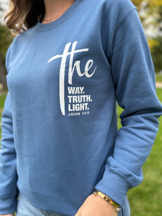 Close-up of the John 14:6 graphic on a blue sweatshirt | V-Rae's Boutique