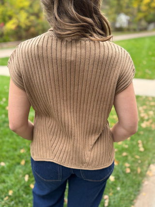 Back view of a camel ribbed knit cap-sleeve top | V-Rae's Boutique