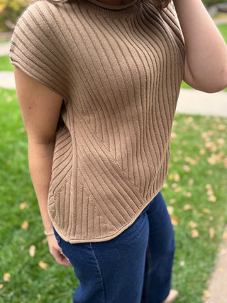 Side view of a camel ribbed knit top with curved hem | V-Rae's Boutique