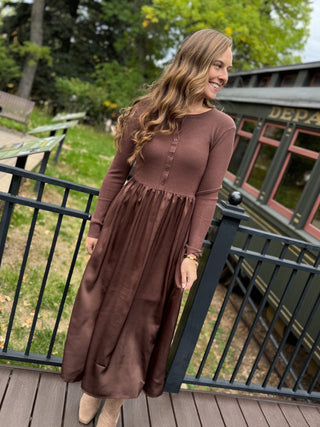 Brown sweater knit satin skirt dress, front view | V-Rae's Boutique