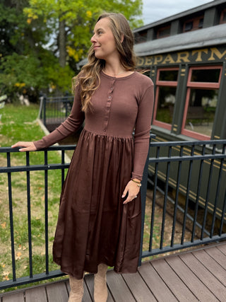 Brown sweater knit dress with satin maxi skirt | V-Rae's Boutique