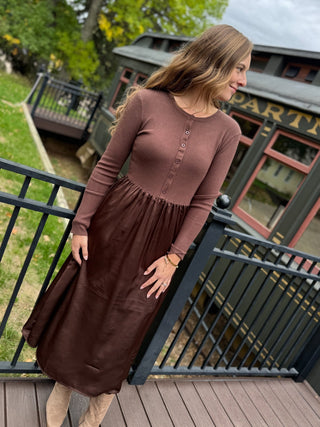 Side view of a brown sweater knit satin skirt dress | V-Rae's Boutique