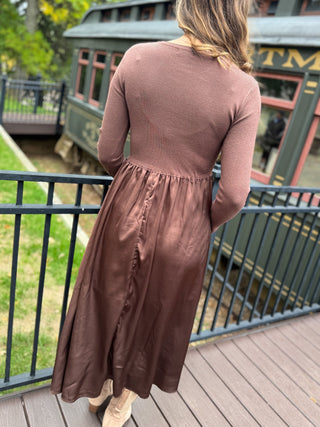 Back view of a brown sweater knit satin skirt dress | V-Rae's Boutique