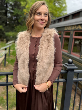 Taupe faux fur vest, front view | V-Rae's Boutique