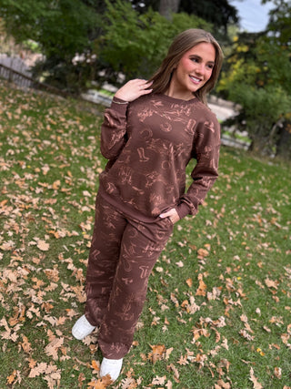 Brown western print lounge top and pants, full length | V-Rae's Boutique