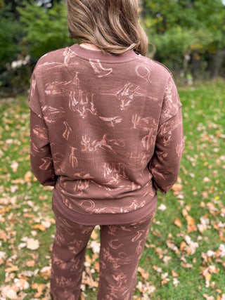 Back view of a brown western print lounge top | V-Rae's Boutique