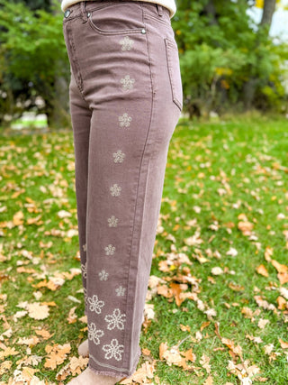 Side view of mauve floral embroidered wide leg jeans | V-Rae's Boutique