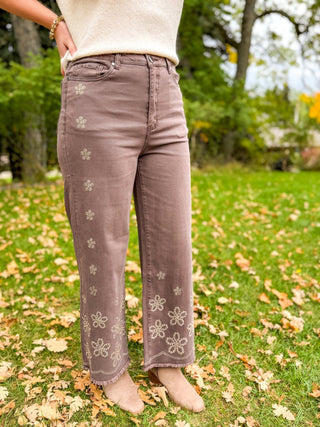 Mauve wide leg jeans with floral embroidery | V-Rae's Boutique