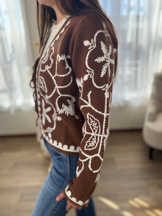 Brown sweater with white patterns worn by a person, blurred background