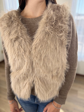 Person wearing a fluffy beige vest over a brown sweater with a blurred background