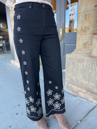 Black wide leg jeans with floral embroidery | V-Rae's Boutique