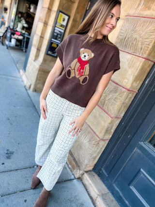 Brown teddy bear graphic sweater with plaid pants | V-Rae's Boutique