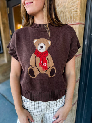 Brown short sleeve sweater with teddy bear in red scarf | V-Rae's Boutique